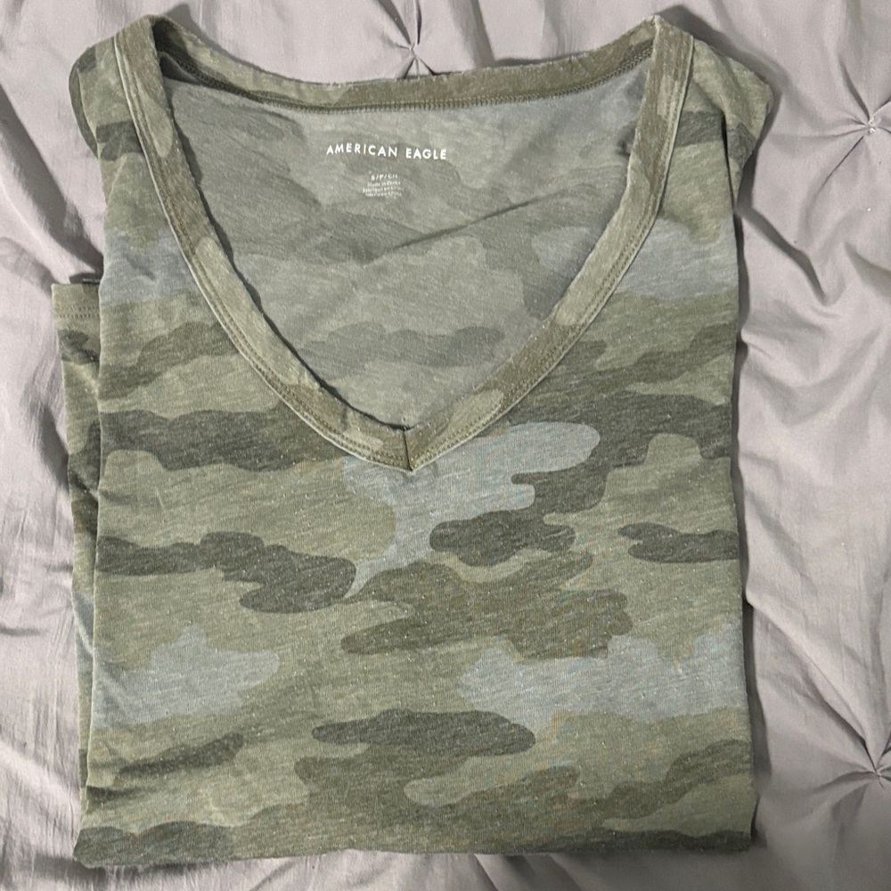 American Eagle Outfitters Green Camo V-Neck Top